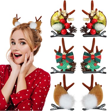 3 Pairs Christmas Hair Clips for Girls Women Cute Hair Accessories Reindeer Antlers Ears Hair Accessory with Pine Cone &amp; Plush Ball Christmas Hair Pins for Party Favors