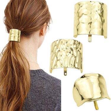 3 Pcs Hair Clips with Lava Ponytail Buckle, Metal Hair Cuffs, Decorative Hair Rings for Long Hair - Hair Accessories for Women (Gold)