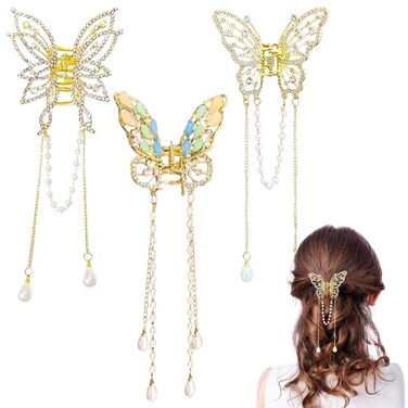 3 Pieces Butterfly Hair Claw Clip Butterfly Tassel Hair Clips Rhinestone Hair Claw Metal Hair Clips Exquisite Hair Clips Non Slip Hair Clamps Hair Styling Accessories for Women Girls