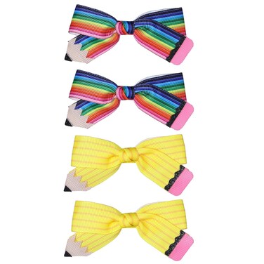 3.5in Back School Pencil Bow Hair Clips 4pc Cute Yellow Rainbow Ribbon Bowknot Hairpins Alligator Barrette for Girls Student First Day of School Outfits Uniform Decor Accessory