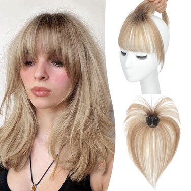 Clip in Bangs Bangs Hair Clip Fake Bangs Clip In Bangs Real Human Hair Hairpieces Ombre Blonde 360&deg; Cover Clip on Bangs for Women Fringe with Temples Wispy Bangs Clip In Hair Extensions French Bangs