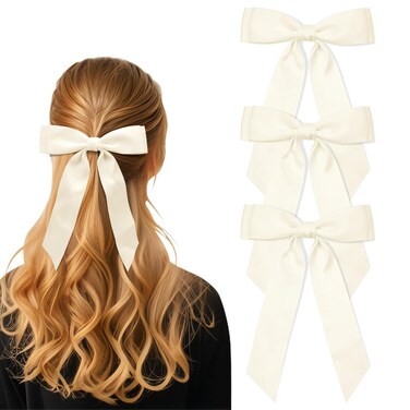 3Pcs Beige Hair Bows for Women Double-Layer Long Tail Bow Hair Clip Hair Ribbon Ponytail Holder Hair Accessories for Girls Toddlers