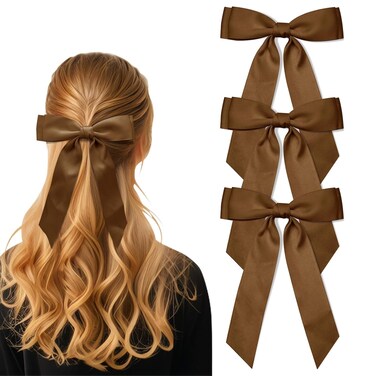 3Pcs Deep Coffee Hair Bows for Women Double-Layer Long Tail Bow Hair Clip Hair Ribbon Ponytail Holder Hair Accessories for Girls Toddlers
