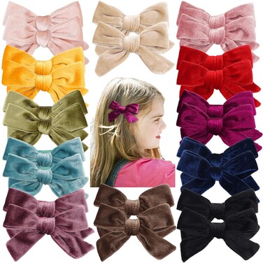 4 inch Velvet Hair Bows Clips, 24pcs Toddler Girls Hair Bows Full Lined Alligator Clip Accessories Baby Girl Ponytail Pigtail Holder 12 Pairs Hair Clips