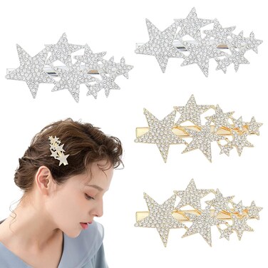 4 PACK Five-pointed Star Hairpin Rhinestone Non-Slip Hair Clip Elegant Duckbill Clip Fashion Hair Barrettes Accessories for Girls and Women (Gold+Silver)