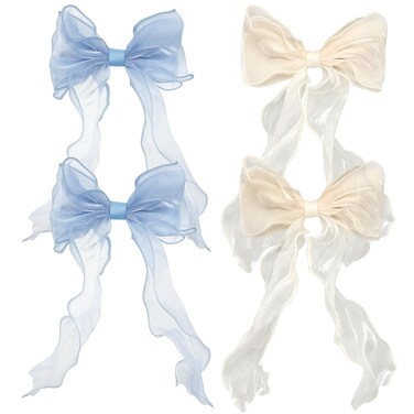 4 PACK Light Blue and Champagne Big Ribbon Hair Bows,Large Hair Accessories,Oversized Long-tail Hair Clips for Women and Girls Hair Styling Accessories.