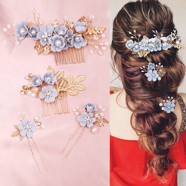 4 Pieces Blue Bridal Flower Wedding Hair Pins Crystal Pearl Hair Pins Clips Headpiece Gold Wedding Hair Accessories Jewelry with Rhinestone for Brides Bridesmaids Women Girls Updo