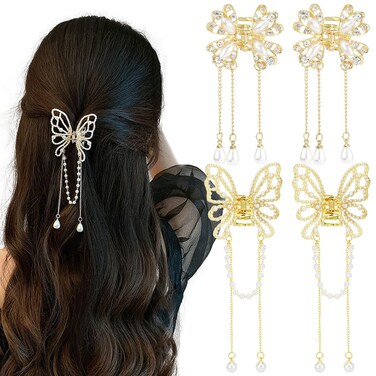 4 PCS Butterfly Tassel Hair Clip Set, Mini Metal Hair Clips with Charms, Non Slip Hair Clamps for Women Girls