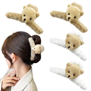 4 PCS Large Fluffy Plush Bear Hair Claw Clips Thick Long Hair Jaw Clips Barrettes Hair Accessories for Women and Girls