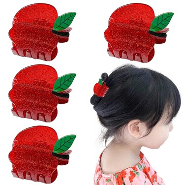4 PCS Red Apple Hair Clips Cute Back to School Fruit Hair Claw Clips Mini Teacher Student Hair Jaw Barrettes for Women Girls Decorative Thick and Thin Hair Accessories