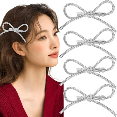 4 Pcs Silver Bow Rhinestone Crystal Hair Clips Bowknot Metal Hairpin Non-Slip Duckbill Hair Barrettes Accessories for Women Girls