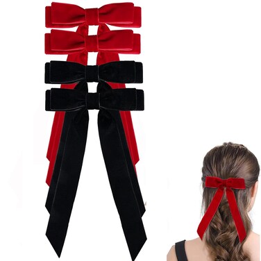 Hipcheer Hair Bow Clip, Large Velvet Hair Bows for Girls 5 Inch, Alligator Clips Accessories for Women Girls Toddlers Kids, Black+Red(4pcs)