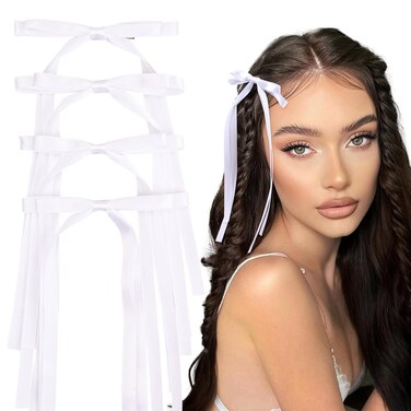 VOBOBE 4PCS Hair Bows for Women Girls, White Tassel Ribbon Bowknot Hair Clips Barrettes for Girl with Long Tail, Solid Satin Hair Accessories (White)