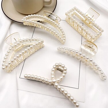 Hair Clips, 5pcs Pearl Hair Clips Set for Thick and Thin Hair, Large Hair Claw Clips for Women and Girls, Non-Slip Strong Pearl Hair Accessories, Multi-Scenario Use, Nice Gift