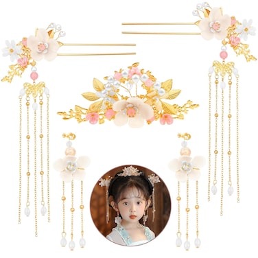 5 Pcs Flower Chinese Tassel Hair Stick Crystal Pearl Hanfu Hair Pins Classical Floral Bride Wedding Accessories for Women