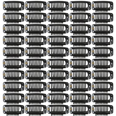 50 Pcs Hair Extension Clips 32mm 9-teeth Wig Clips Metal Snap Hair Clips with Rubber Silicone Back for Wigs Hairpiece Accessories DIY Clips (Black)