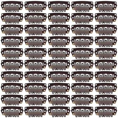 50 Pcs Metal U-Shape Snap Clips 28mm 6-Teeth Wig Clips with Rubber for Hair Extensions Hairpieces (Dark Brown)