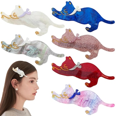 6 PACK Acrylic Duckbill Clip Cute Cat Hair Clips, Resin Cat-Themed Hair Accessories, Retro Simple Cat Hair Clips Set, Sweet Cat Acrylic Resin Hair Clips