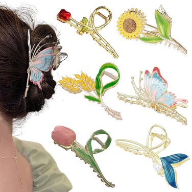 Flower Metal Hair Claw Clips 6 Pcs Cute Large Tulip Hair Claw NonSlip Hair Barrettes Strong Hold Hair Clamps Fashion Hair Accessories for Woman Girls with Long Thick Thin Curly Hair (D Style)