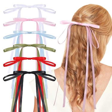6pcs Hair Bow Clips for Women, Long Tail Tassel Bowknot Hair Ribbons Barrettes for Girls, Solid Silky Satin Ponytail Holder Hair Accessories