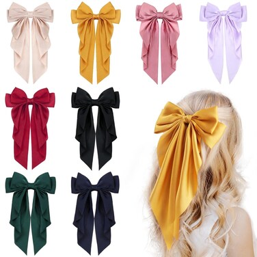 VOBOBE Hair Bow Clip, 8Pcs Big Satin Layered Hair Accessories for Women Girls, 8 Inch Barrette Hair Clip, Long Black Ribbon Bows, French Style, 8 Count