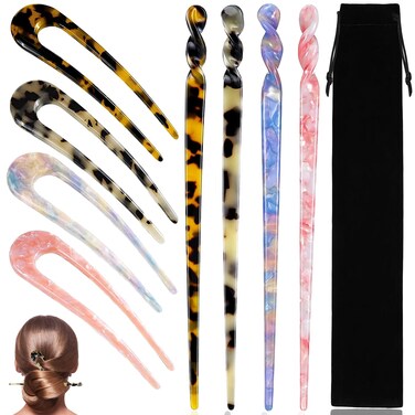 8 Pieces Acetate Hair Sticks Leopard Printed Hairpins U Shaped French Hair Pin Chopsticks Forks Accessories for Women and Girls' Long Shawl Hair