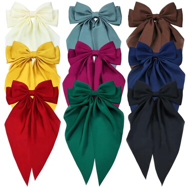 9 Pack Oversized Satin Hair Bows White Pink Red Blue Green Black Hair Accessories Bowknot with Long Tail Ribbon Giant Hair Bow Clips French Barrettes for Women Girls (Set 1 of Women Hair Bows)