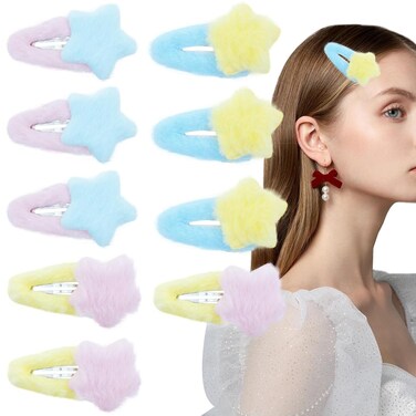 Fluffy Star Hair Accessories: 9 Snap Barrettes, Non-Slip Hairpins for Women &amp; Girls