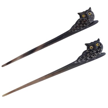 Marycrafts Owl Horn Hair Stick, Hairstick, Hair Pin, Hairpin, Hair Accessories, Handmade (Set 2Pcs. Black)