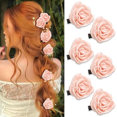 6PCS Pink Flower Hair Clips Small Satin Rose Hair Pins Elegant Hair Flowers Claw Clip Pink Floral Decoratives Wedding Hair Accessories for Women Girls