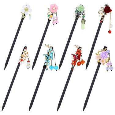 inSowni 8 Pieces Retro Asian Chinese Traditional Hanfu Butterfly Flower Wooden Hair Sticks Pins with Bead Pendants Hair Chopsticks Forks Bun Updo Holders for Women Girls