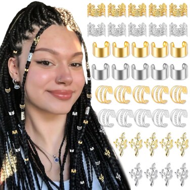 40PCS Hair Jewelry for Braids Gold&amp;Silver Hair Cuffs Adjustable Braid Jewelry Non-Piercing Ear Clips Multi Style Loc Dreadlock Accessories for Women and Girls