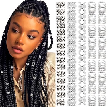Hair Cuffs for Braids Silver - 80pcs Hair Jewelry Dreadlock Beads Non-Piercing Ear Clips Adjustable Braids Accessories for Women and Men