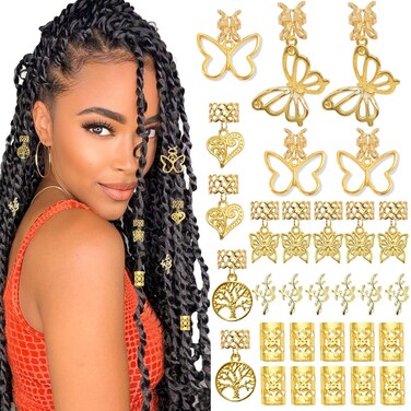 30PCS Butterfly Hair Jewelry Gold Hair Cuffs for Braids Loc Jewelry Multi Style Braids Charms Hair Decoration Metal Alloy Dreadlock Accessories for Women and Girls