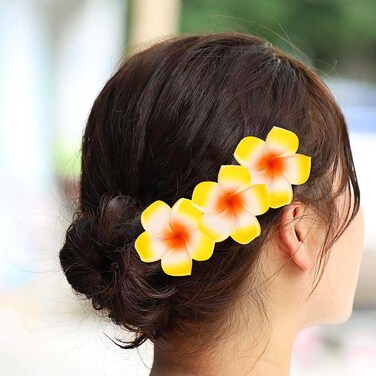 Zoestar Hawaii Plumeria Flower Hair Clips 3pcs Beach Flower Foam Hair Accessory for Women and Girls (B-Yellow)