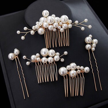 Foyte Pearl Hair Comb for Wedding Pearl Hair Clips Bridal Pearl Bobby Pins Set Gold Bridesmaid Hair Accessories for Women and Brides 5PCS