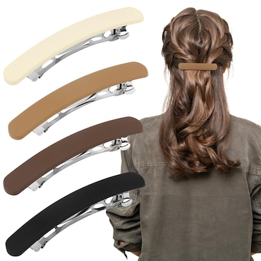 Hair Clips 4Pcs Neutral Flat Matte French Barrettes for Thin Fine Hair - Hair Pins and Accessories for Women Girls in Beige, Khaki, Brown, Black for Short to Medium Hair