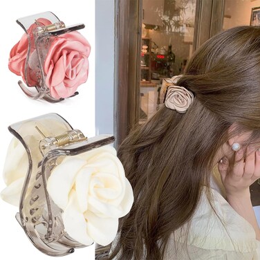 3 Pack Flower Hair Clip Medium, Small Camellia Claw Clips for High Ponytail,Hair Clips Travel Beach Holiday Birthday Gift for Mother Girl Thick Thin Long Hair(Pink Champagne White)