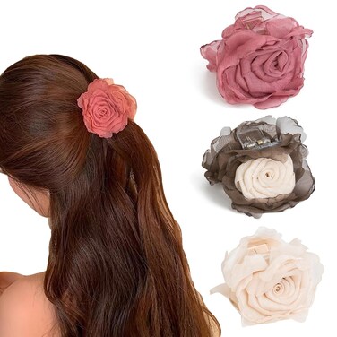3 Pack Flower Hair Clip Medium, Small Rose Claw Clips for High Ponytail,Hair Clips Travel Beach Holiday Birthday Gift for Mother Girl Thick Thin Long Hair(Pink Gray-white White)