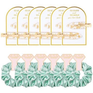 Aileam 12 PCS Hair Accessories Bridesmaid Proposal Gifts, Including Gold Glitter Bridesmaid Hair Clips and Silk Satin Soft Bridesmaid Hair Scrunchies, Women's Wedding Favor