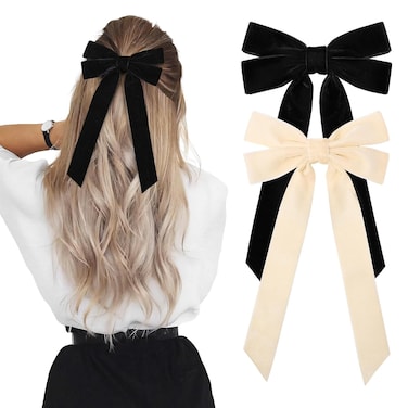 2PCS Velvet Hair Bows Ribbon Hair Clip Black Beige Ponytail Holder Accessories Slides Metal Clips Hair Bow for Women Girls Toddlers Teens Kids