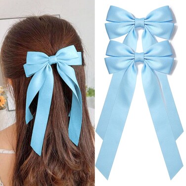 Aileam 2PCS Silky Satin Hair Bows (Blue) for Hair Securing, Hairdressing, Ponytail Holders, Women, Girls, Toddlers, Teens, Kids, Hair Accessories