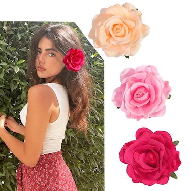 Tropical Hawaiian Hair Clips Set - 3Pcs Rose and Artificial Flower Clips for Women, Wedding, Summer Beach, Luau Party - 4 Inch