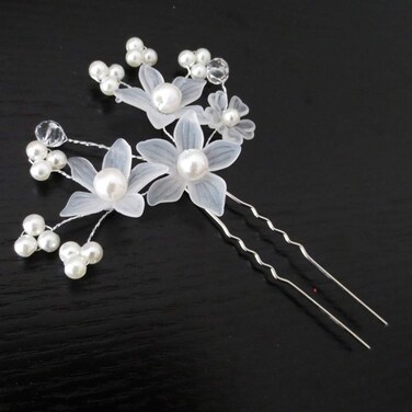 AKOAK 5 Pcs Bride Tiara Handmade Pearl Head Flower Hair Clip Fork Pearl Flower Braid Hair Disc U-Shaped Small Hairpin Head Accessories (White)