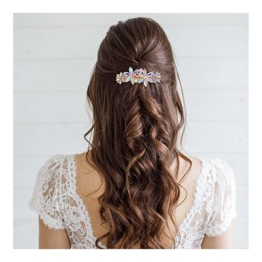 EVER FAITH Wedding Austrian Crystal 4 Daisy Flower Hair Clip, Marquise Round Rhinestone Barrette for Woman Iridescent AB Gold-Tone