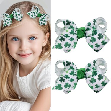 Totelux St. Patrick&rsquo;s Day Bow Hair Clips Green Shamrock Print Hair Barrettes Clover Bowknot Hairpin Grosgrain Ribbon St Patricks Day Hair Accessories for Women Girls 2PCS