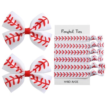 2PC Baseball Hair Bow Clips with 6PC Baseball Hair Ties for Women Girls Cheer Dress up Hair Accessories
