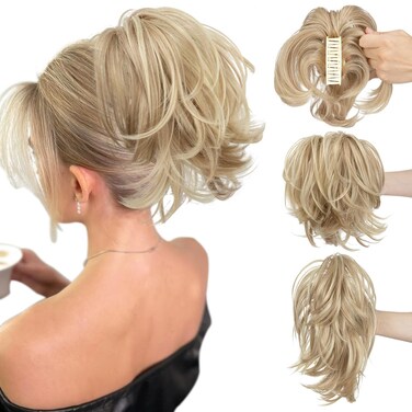 CJL HAIR Claw Clip Short Ponytail Hair Extensions DIY Bendable Metals Messy Bun Hair Piece for Wonen Straight Synthetic Fake Hairpieces Dirty Blonde