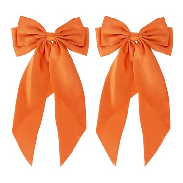 Orange Fall Hair Bows for Women, 2PCS Silky Satin Hair Bows with Long Tail Oversized French Hair Bow Barrettes Hair Accessories for Halloween Thanksgiving Autumn Holiday