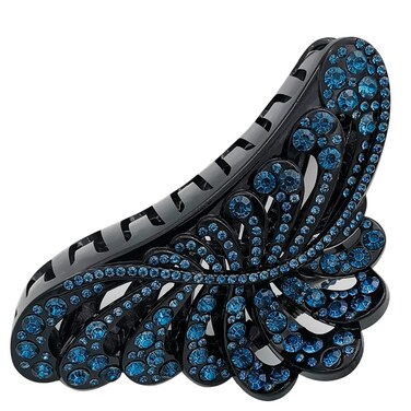 Large Hair Claw Clips With Blue Rhinestone 5 Inch Nonslip Leaf Plastic Big Black Jumbo Jaw Clip for Women Strong Hold Thick and Long Hair